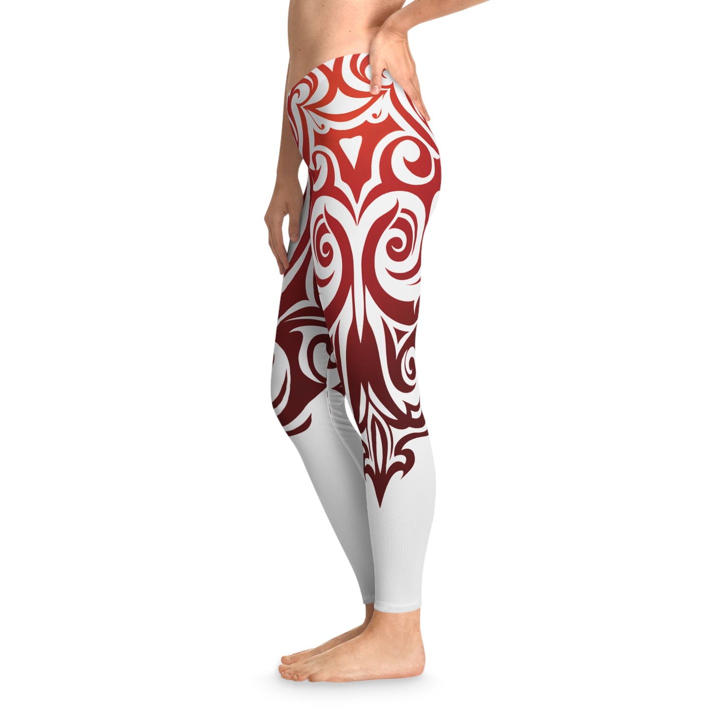 Tribal Flame Heart Graphic Leggings – Bold Red Ornamental Design