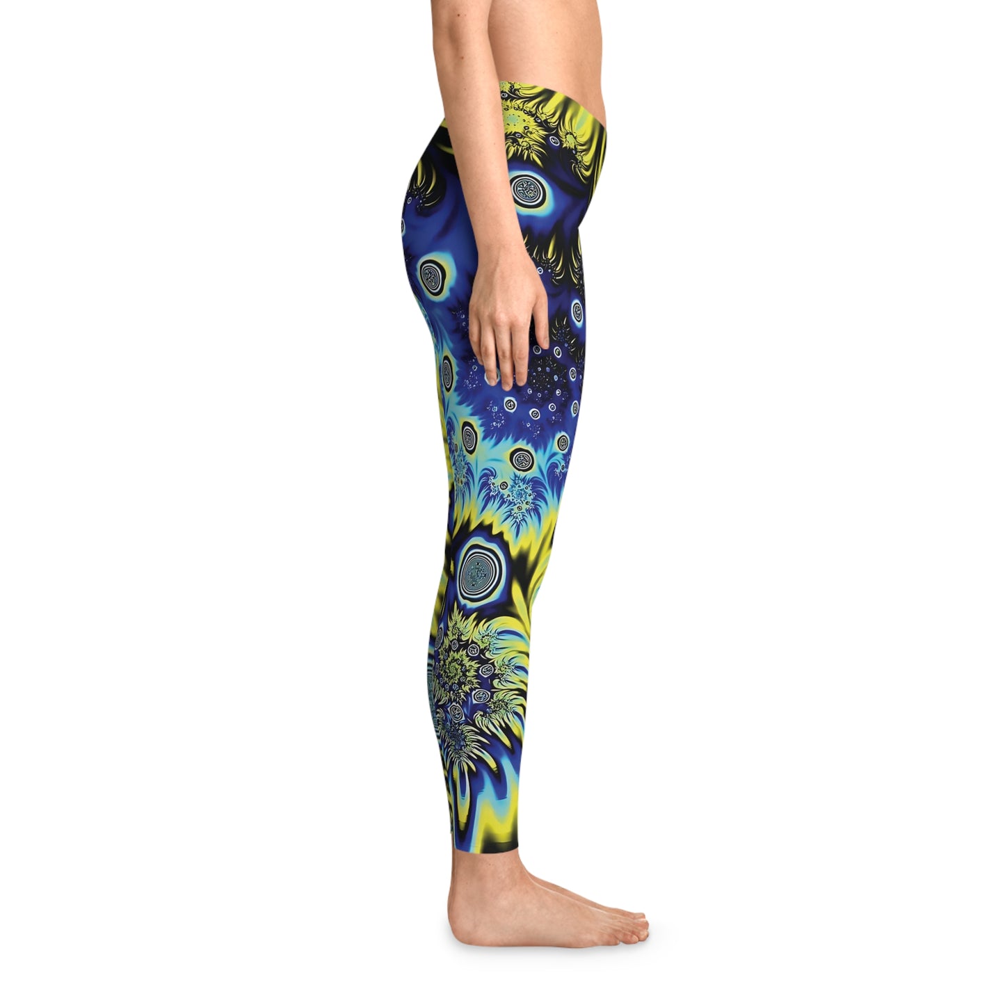 Electric Vortex Psychedelic Leggings – Trippy Blue & Yellow Fractal Swirl Print