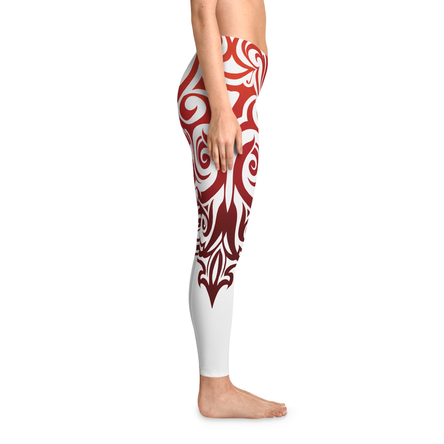 Tribal Flame Heart Graphic Leggings – Bold Red Ornamental Design