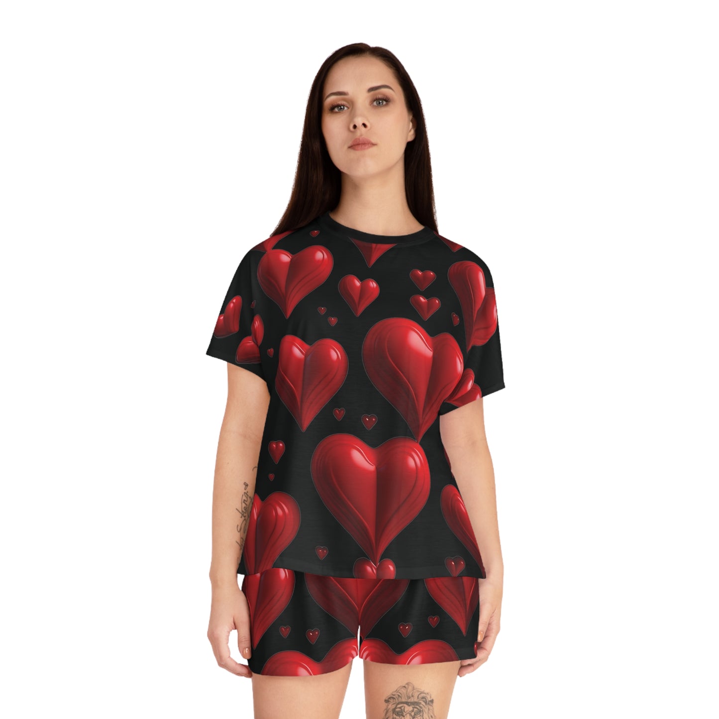 Romantic Love Pajama Set for Women – Cute Heart Design in Red & Black ❤️🖤