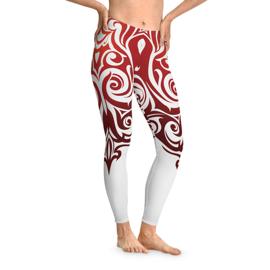 Tribal Flame Heart Graphic Leggings – Bold Red Ornamental Design