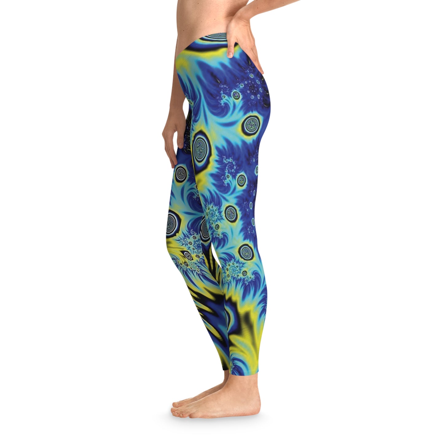 Electric Vortex Psychedelic Leggings – Trippy Blue & Yellow Fractal Swirl Print