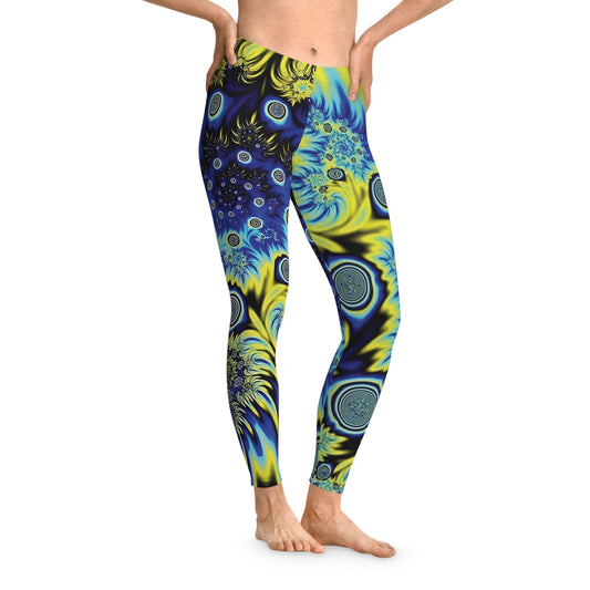 Electric Vortex Psychedelic Leggings – Trippy Blue & Yellow Fractal Swirl Print