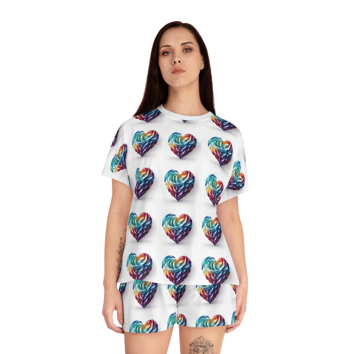 Colorful Heart Print Women's Short Pajama Set - Cozy Sleepwear for Summer Nights