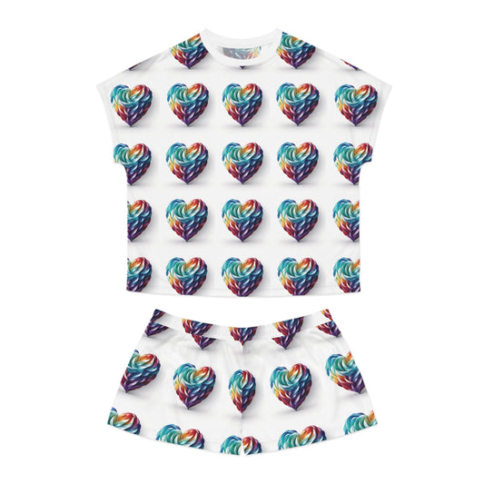 Colorful Heart Print Women's Short Pajama Set - Cozy Sleepwear for Summer Nights